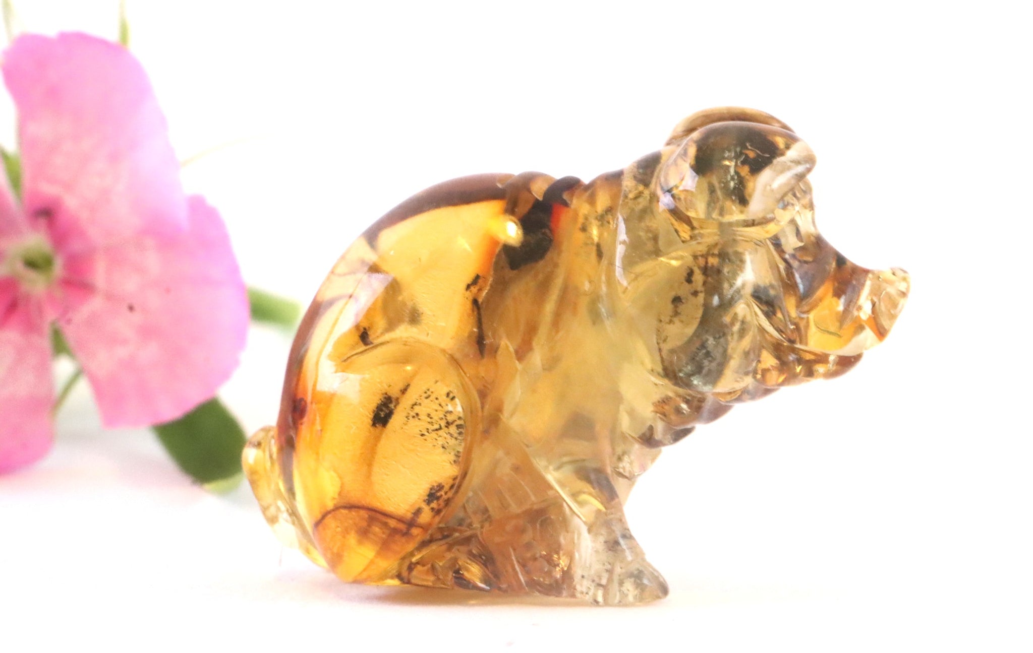 Unique Pig Figurine of Hand Carved Amber Gemstone