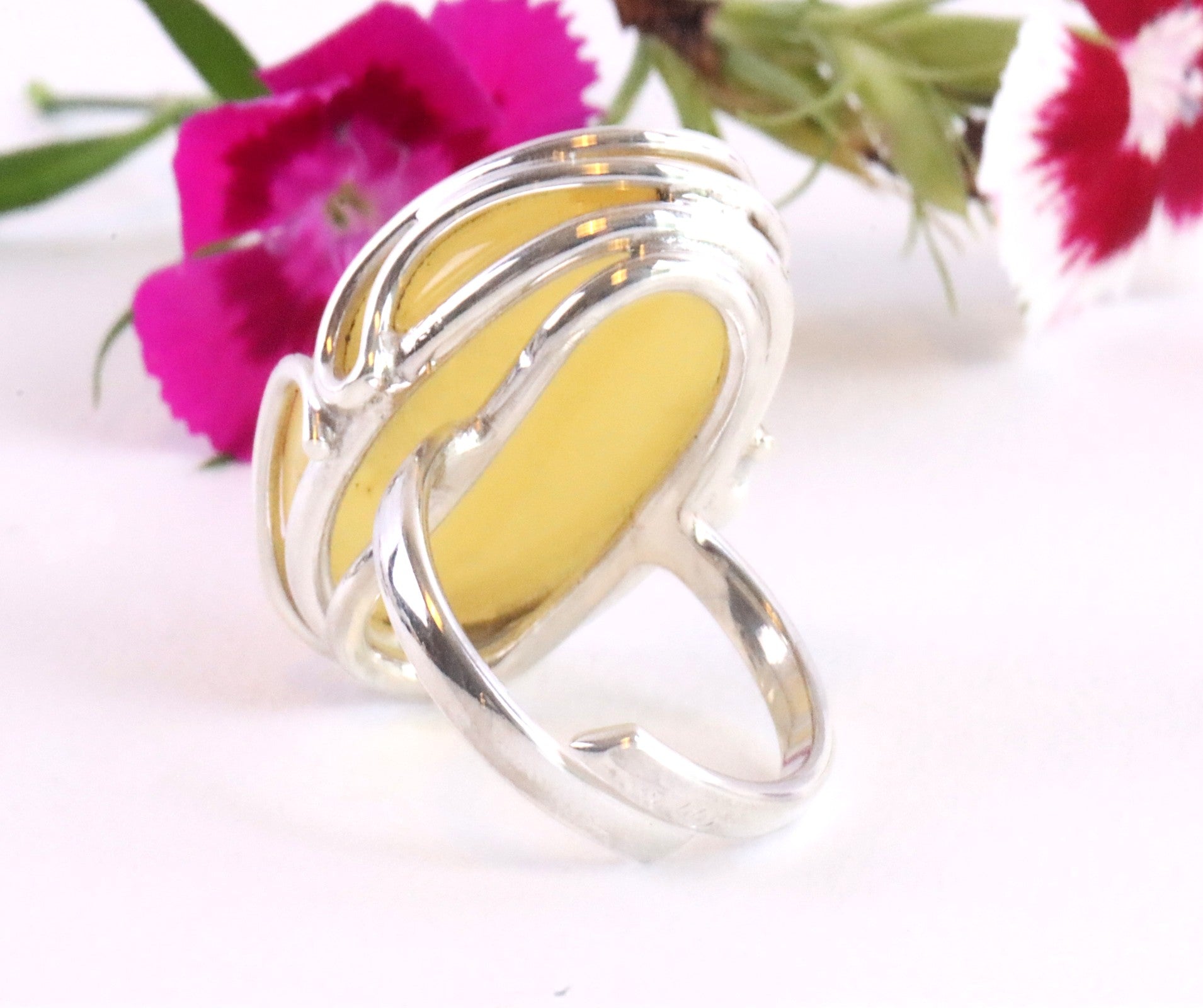 925 Sterling Silver White Baltic Amber Ring