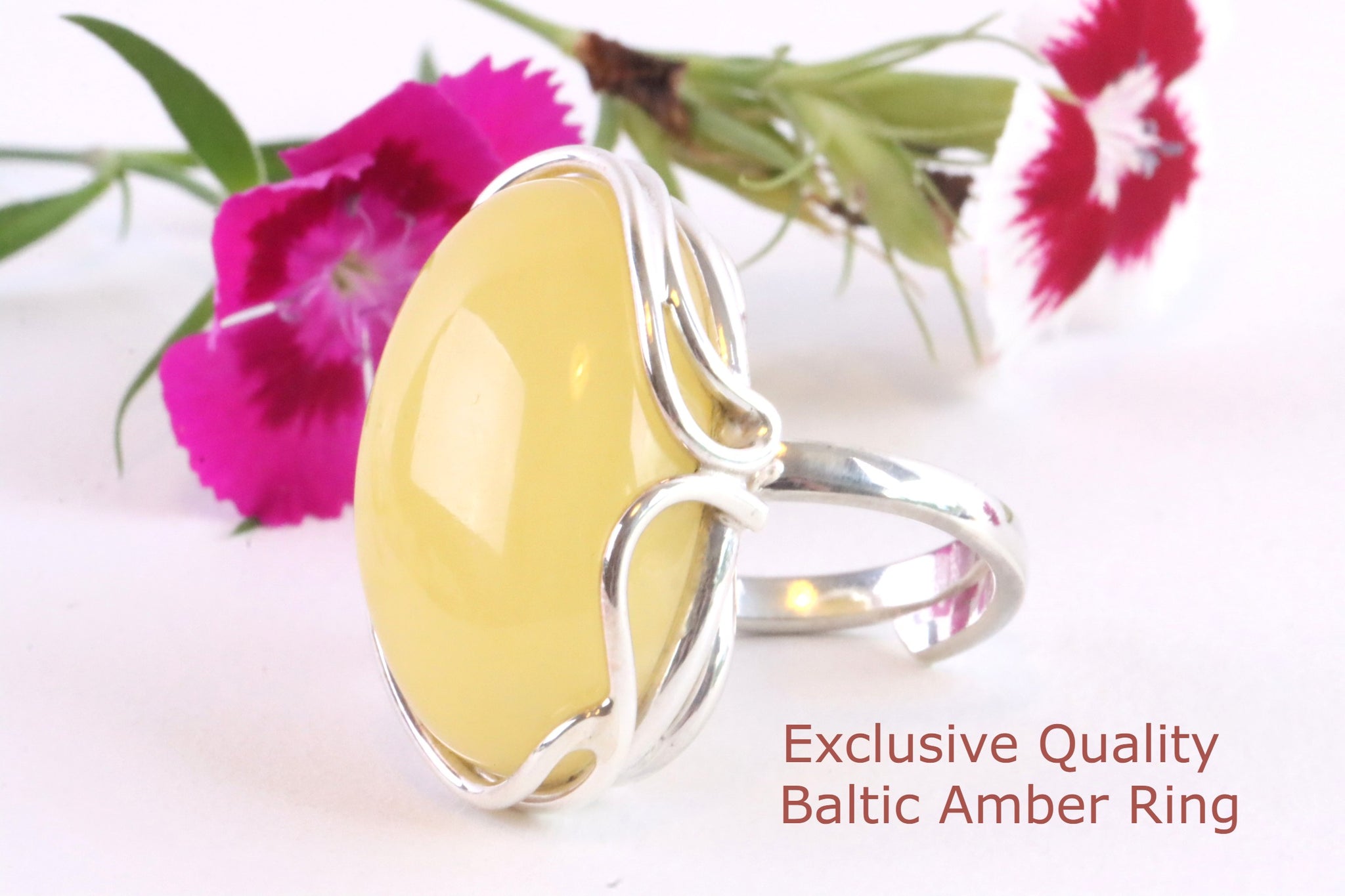 925 Sterling Silver White Baltic Amber Ring