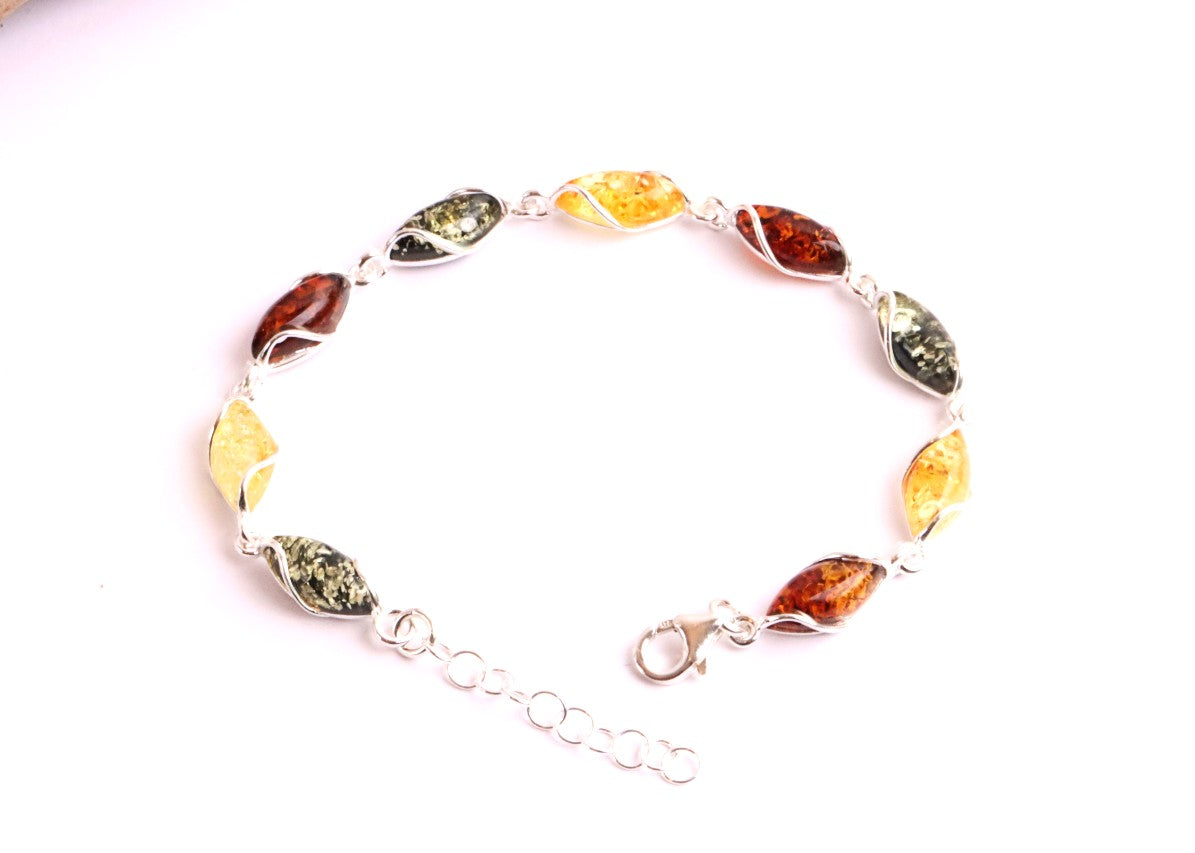 Quality Silver and multi Colour Amber Gemstone Bracelet