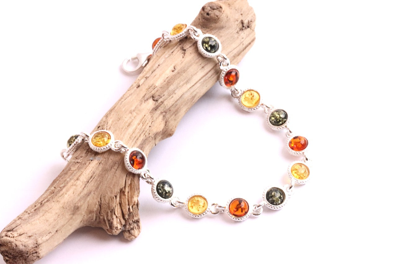 Sterling Silver & Mixed Amber Link Bracelet