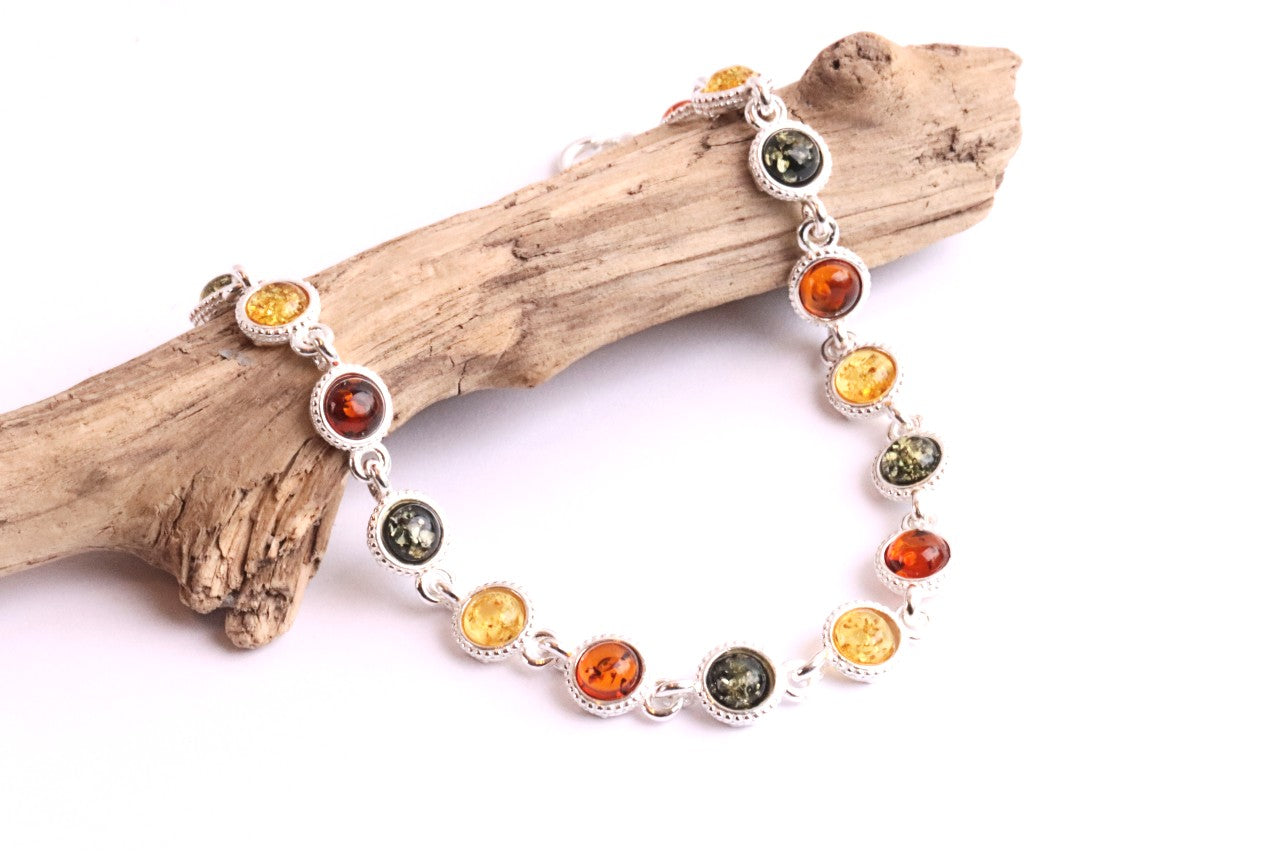 Sterling Silver & Mixed Amber Link Bracelet