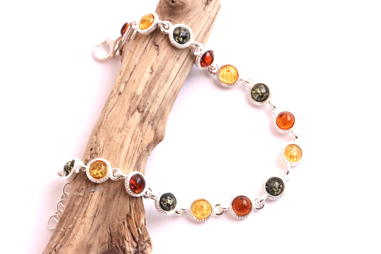 Sterling Silver & Mixed Amber Link Bracelet