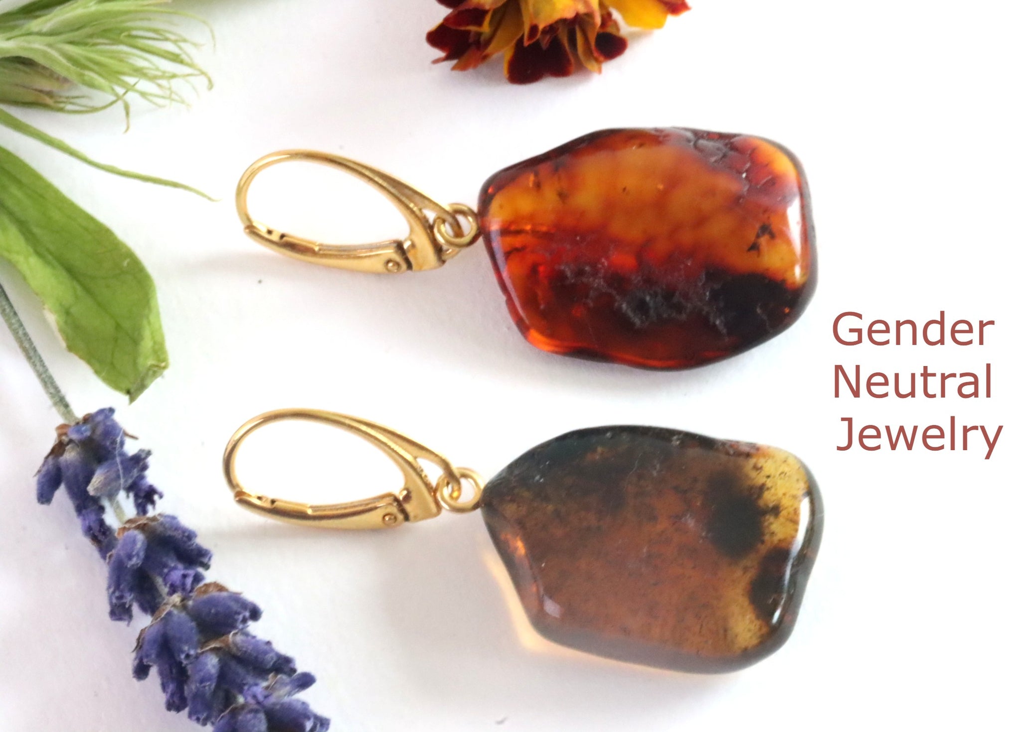 Gender Neutral Jewelry / Natural Amber Gold Plated Silver Earrings