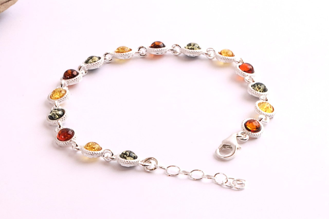 Sterling Silver & Mixed Amber Link Bracelet