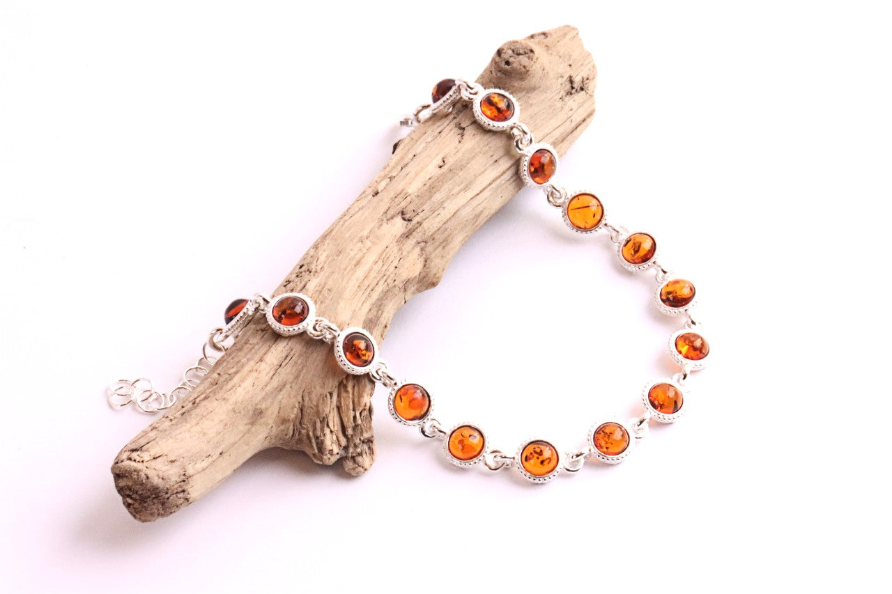 Honey Amber Gemstone Bracelet – 925 Sterling Silver Link Design