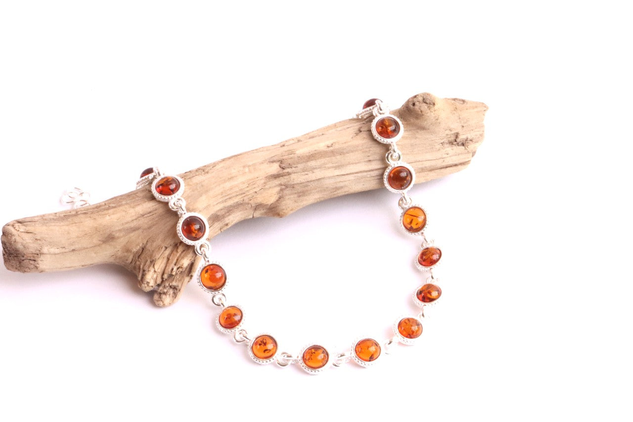 Honey Amber Gemstone Bracelet – 925 Sterling Silver Link Design