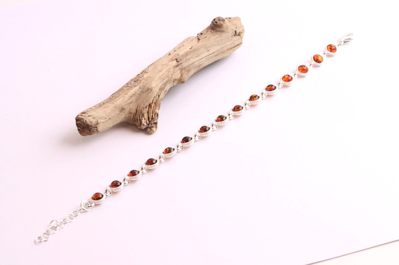 Honey Amber Gemstone Bracelet – 925 Sterling Silver Link Design