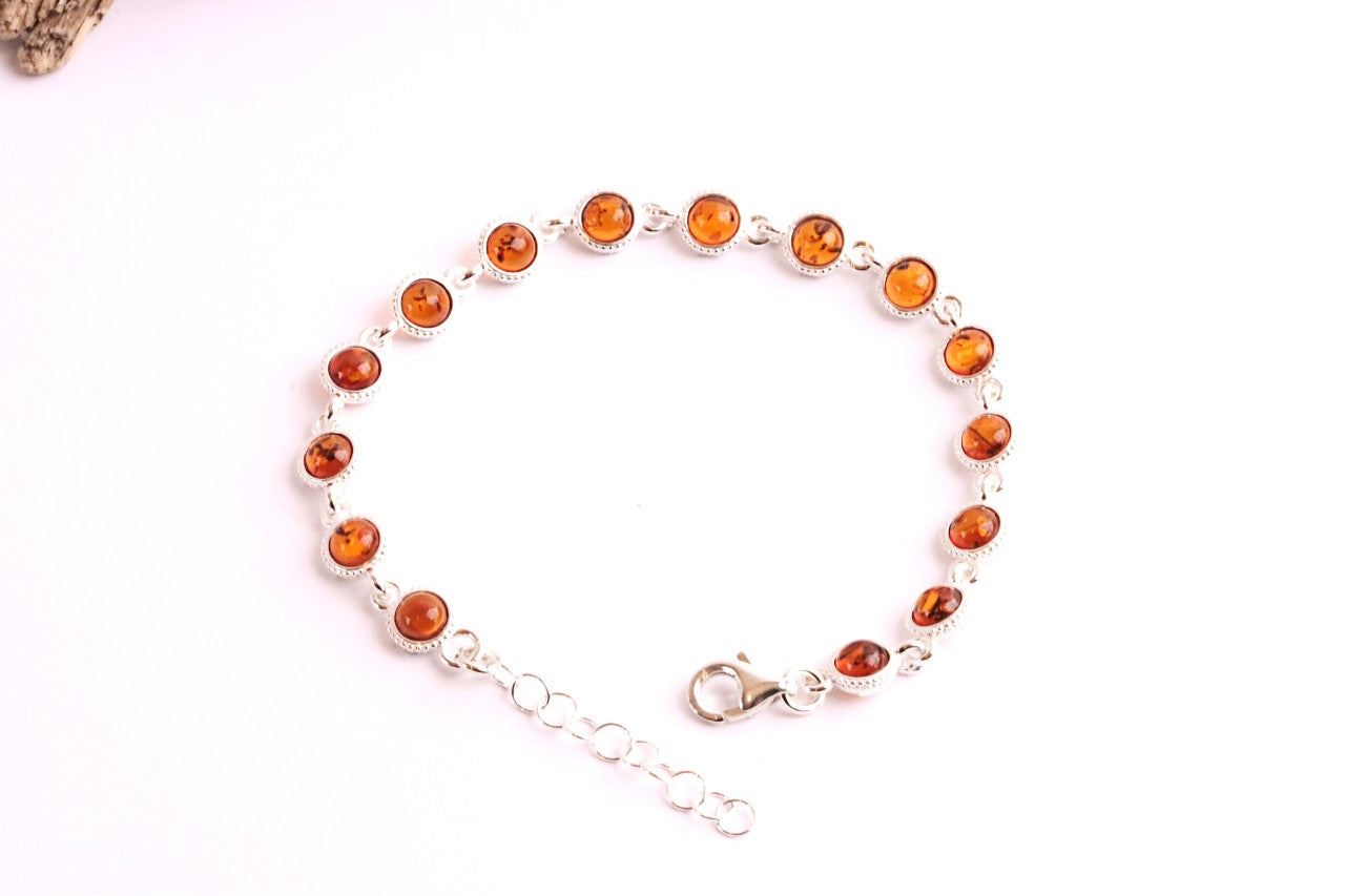 Honey Amber Gemstone Bracelet – 925 Sterling Silver Link Design