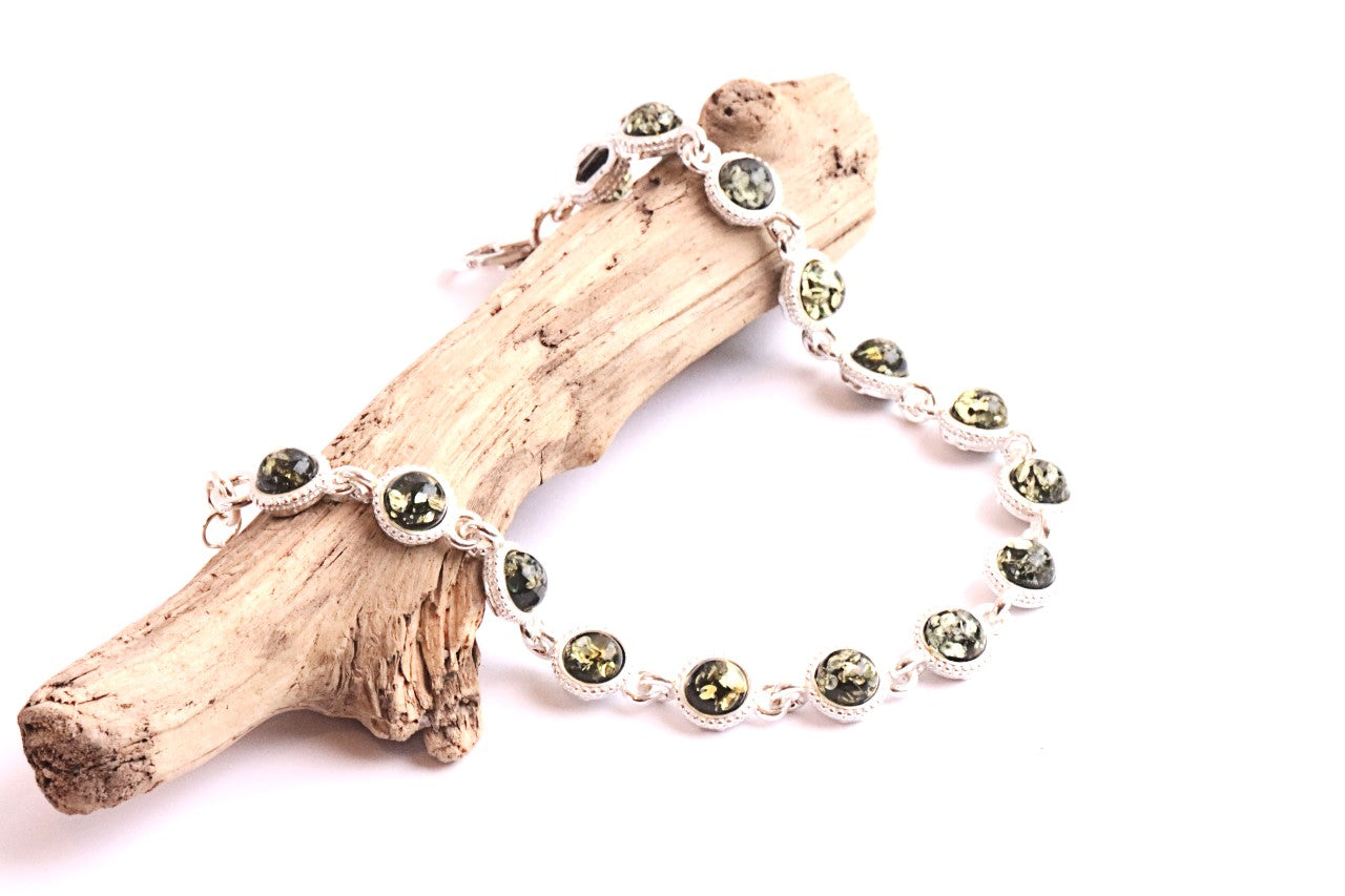 Silver Link Bracelet, Quality Silver and Green Amber Gemstone Bracelet