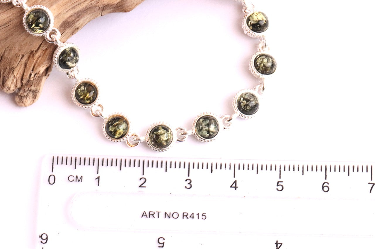 Silver Link Bracelet, Quality Silver and Green Amber Gemstone Bracelet