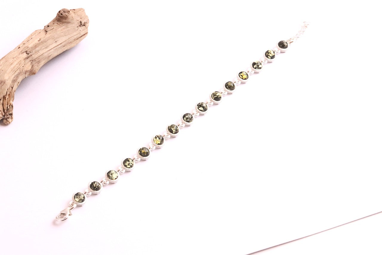 Silver Link Bracelet, Quality Silver and Green Amber Gemstone Bracelet
