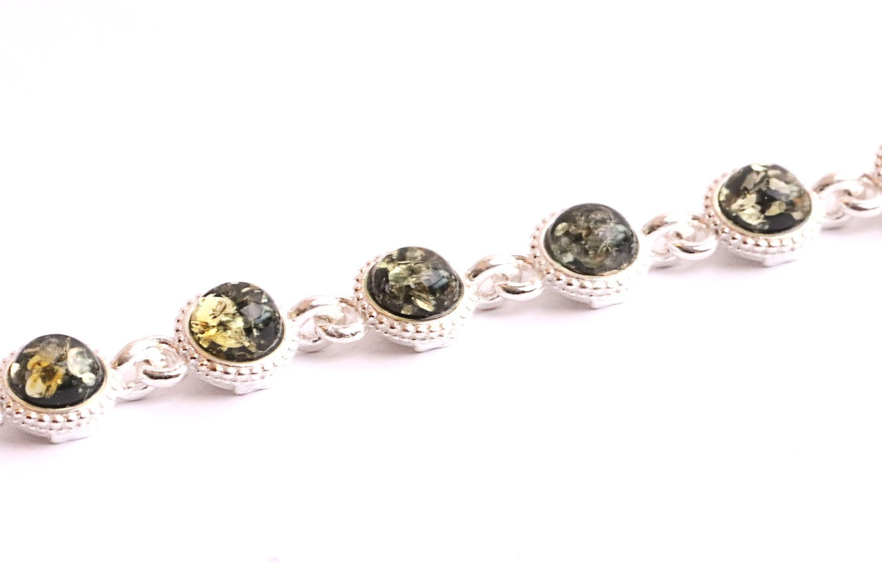 Silver Link Bracelet, Quality Silver and Green Amber Gemstone Bracelet