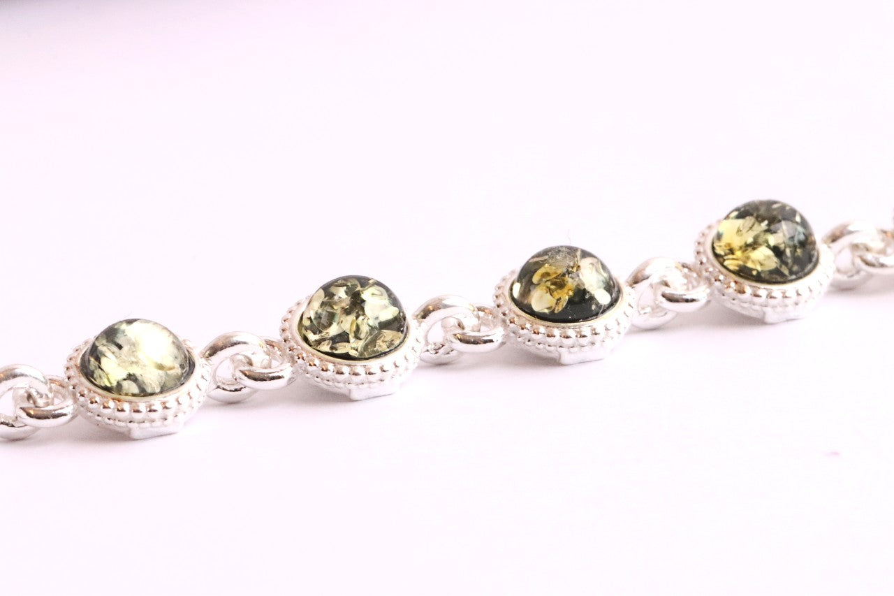 Silver Link Bracelet, Quality Silver and Green Amber Gemstone Bracelet