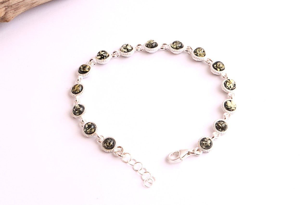 Silver Link Bracelet, Quality Silver and Green Amber Gemstone Bracelet