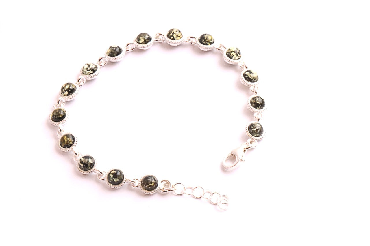 Silver Link Bracelet, Quality Silver and Green Amber Gemstone Bracelet