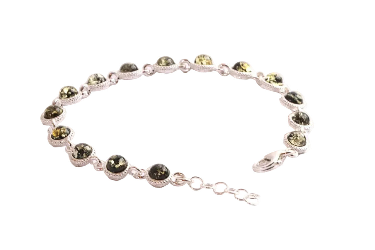 Silver Link Bracelet, Quality Silver and Green Amber Gemstone Bracelet