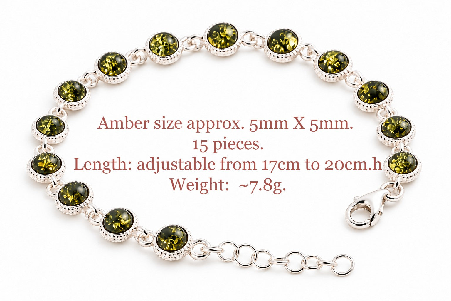 Silver Link Bracelet, Quality Silver and Green Amber Gemstone Bracelet