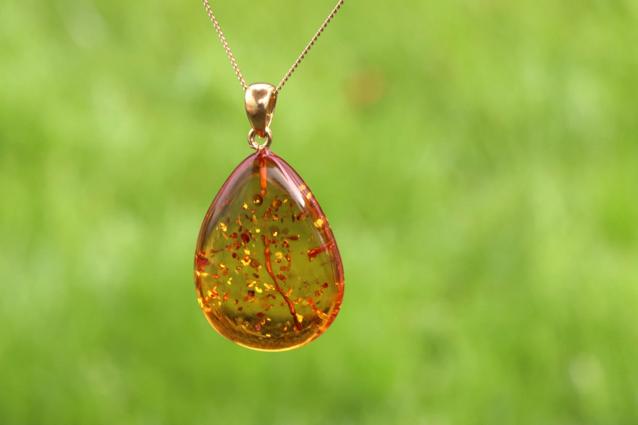 Classic Large Tear Drop Baltic Amber Pendant on Gold Plated Sterling Silver