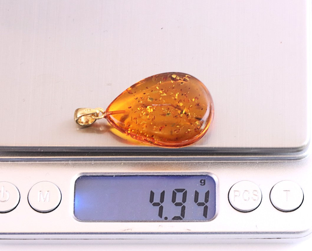 Classic Large Tear Drop Baltic Amber Pendant on Gold Plated Sterling Silver