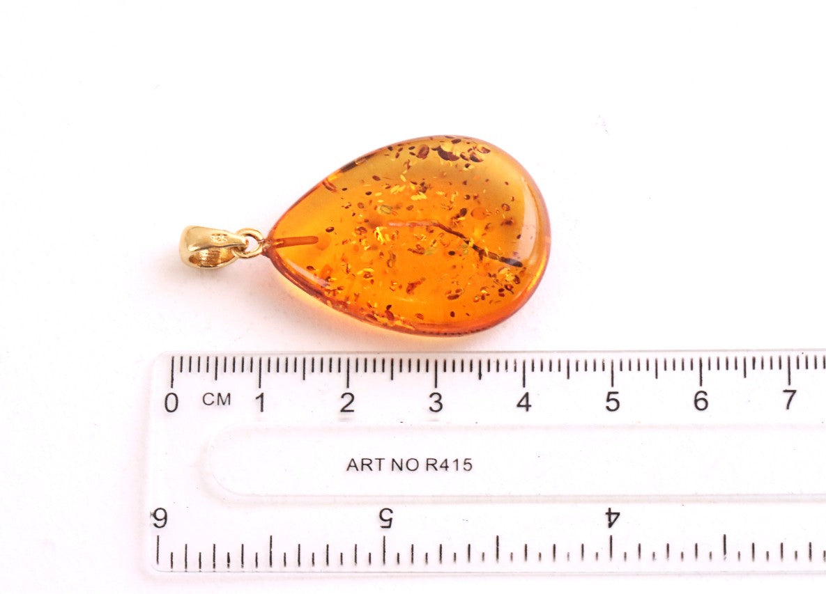 Classic Large Tear Drop Baltic Amber Pendant on Gold Plated Sterling Silver