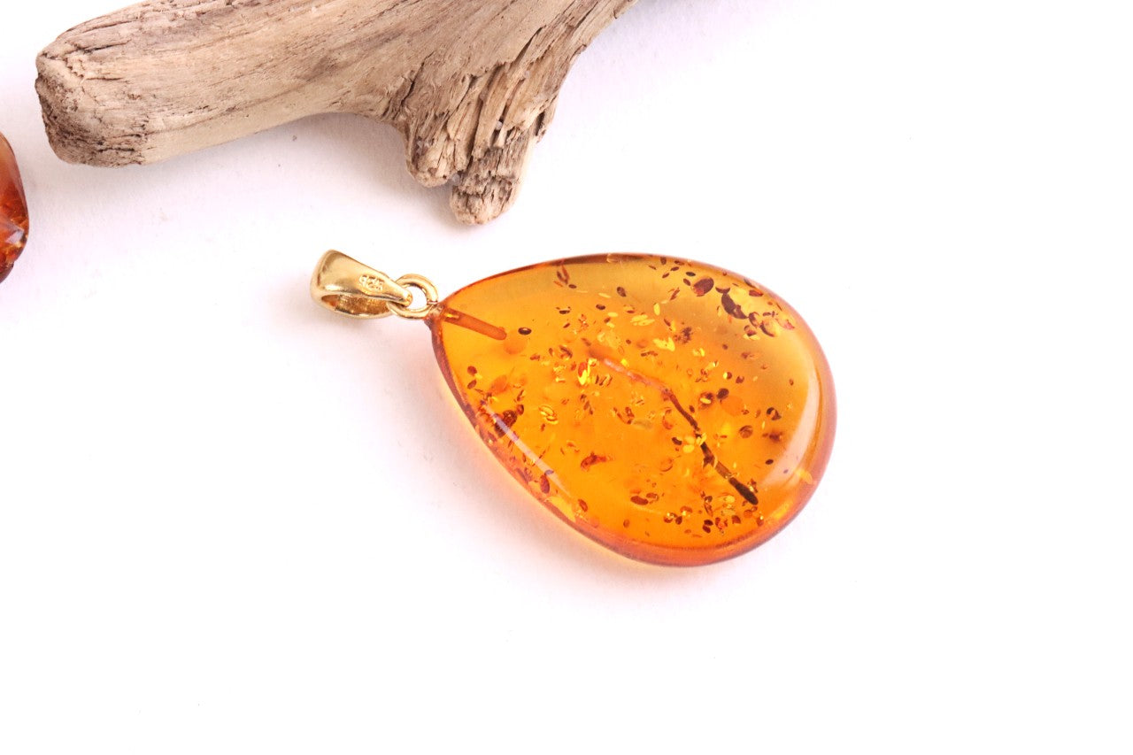 Classic Large Tear Drop Baltic Amber Pendant on Gold Plated Sterling Silver