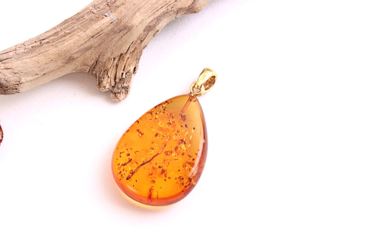 Classic Large Tear Drop Baltic Amber Pendant on Gold Plated Sterling Silver