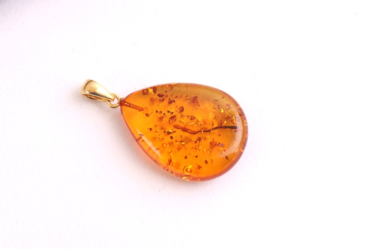 Classic Large Tear Drop Baltic Amber Pendant on Gold Plated Sterling Silver