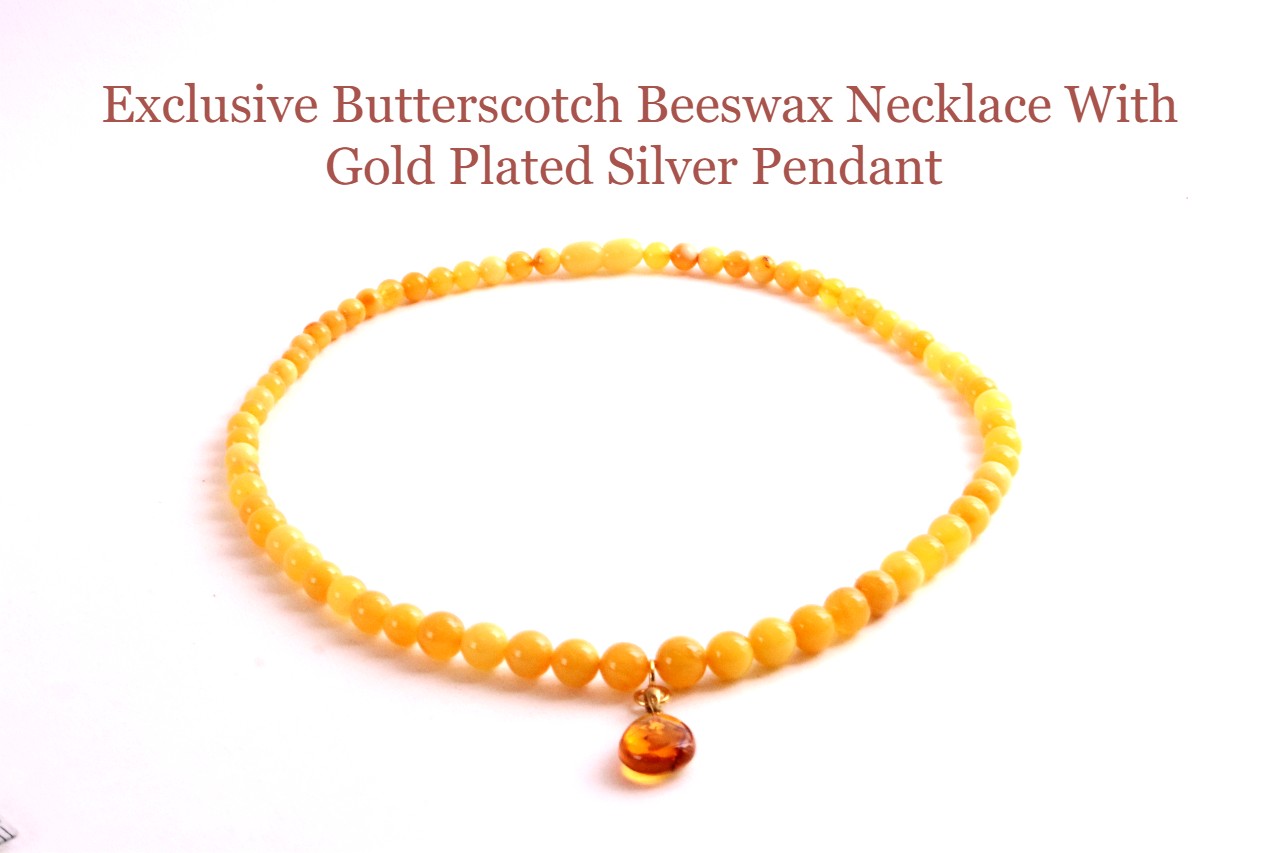 Exclusive Butterscotch Beeswax Baltic Amber Necklace with Gold-Plated Silver Pendant