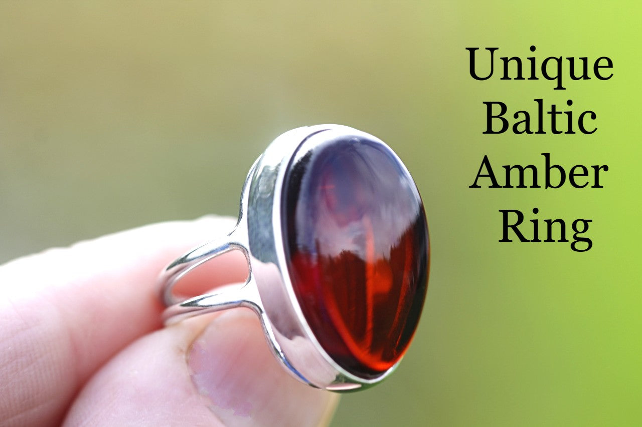 Red Amber Ring On Silver