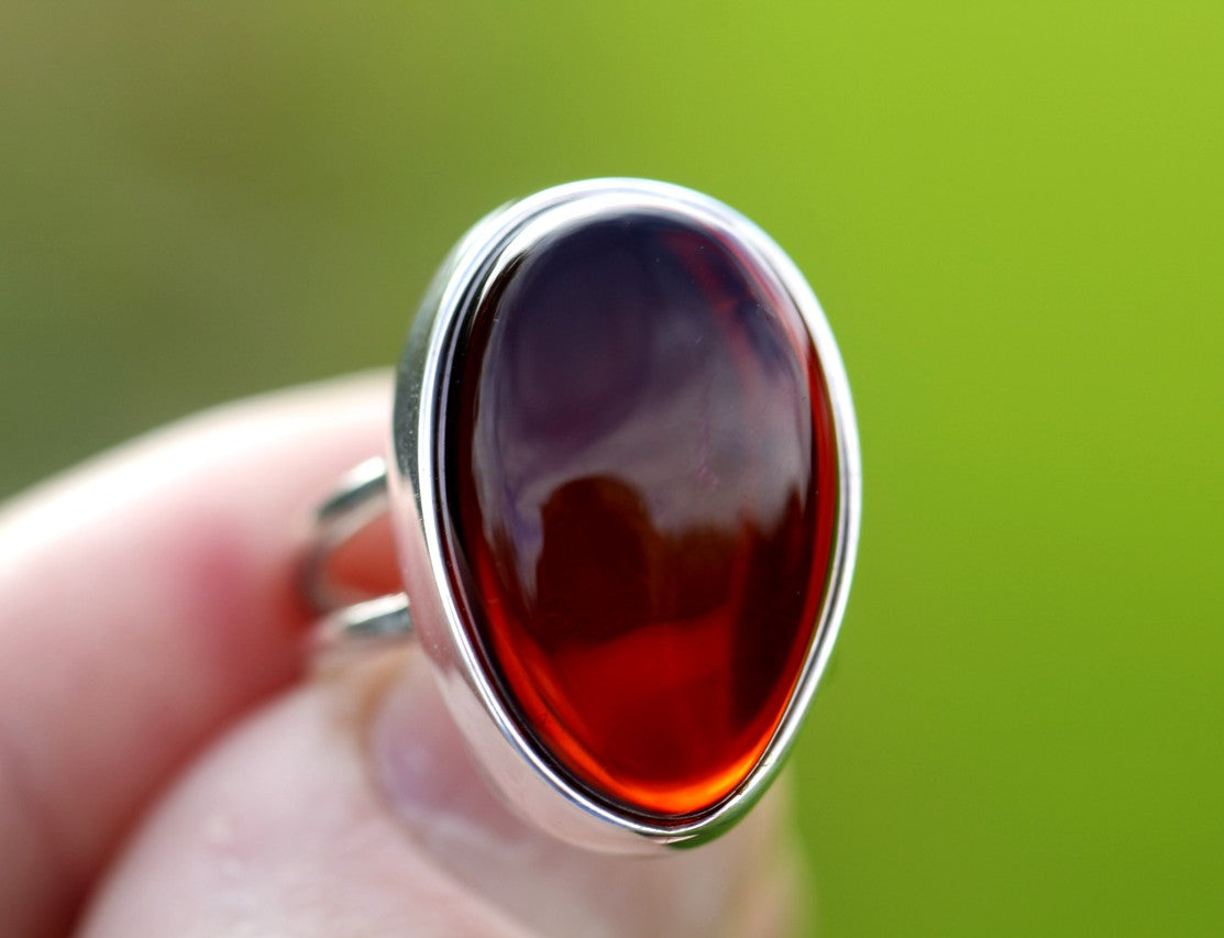 Red Amber Ring On Silver