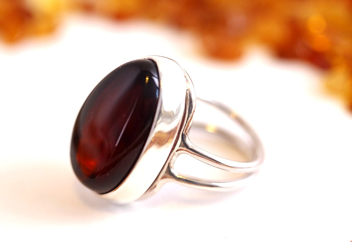 Red Amber Ring On Silver