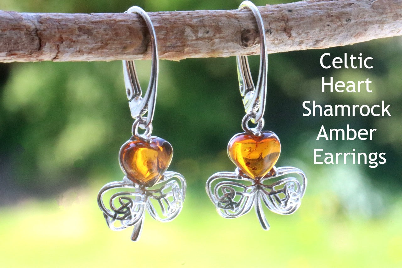Celtic Heart Shamrock Amber Earrings