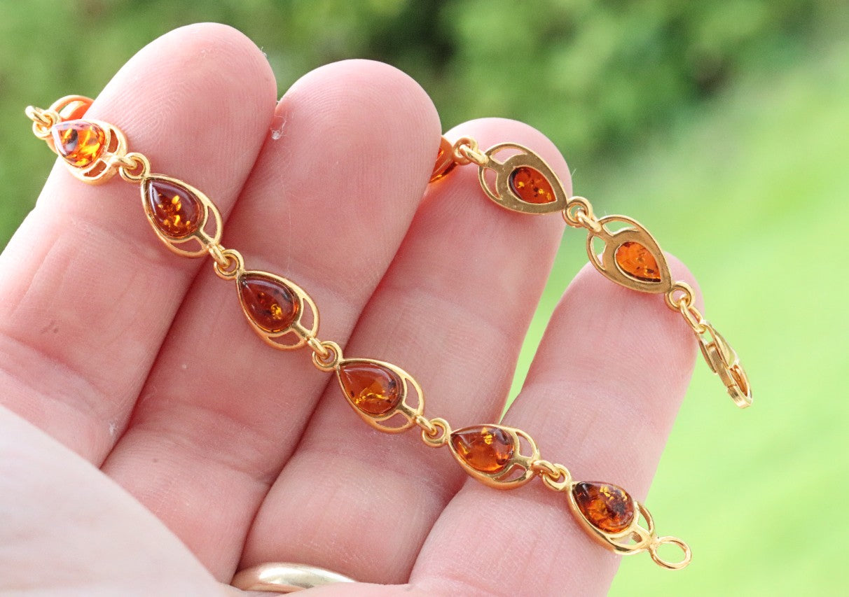 925 Gold Plated Silver Link Bangle with Amber Gemstone