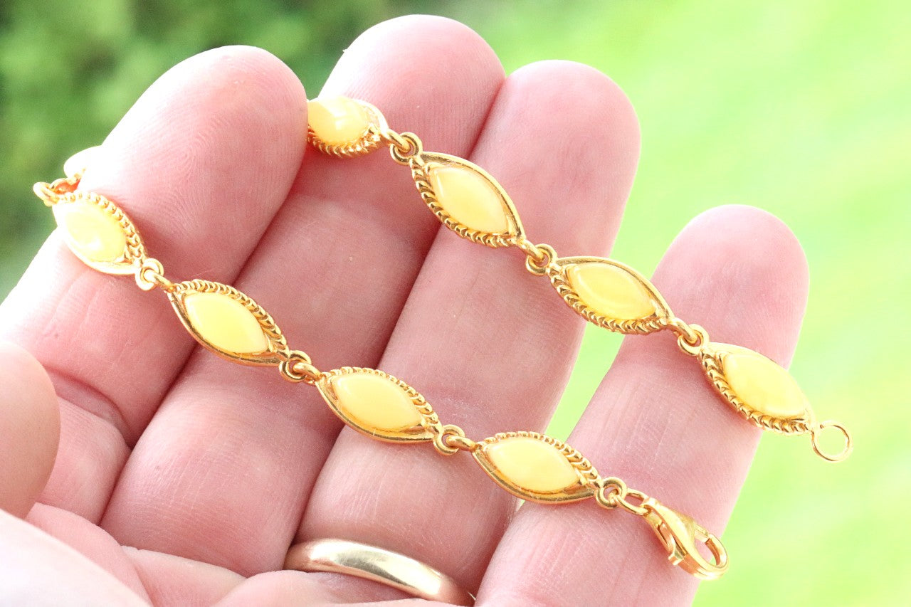 925 Gold Plated Silver Link Bangle with White Amber Gemstone