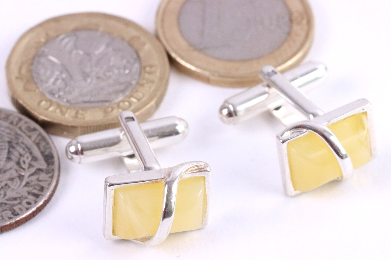 White Amber and Silver Cufflinks