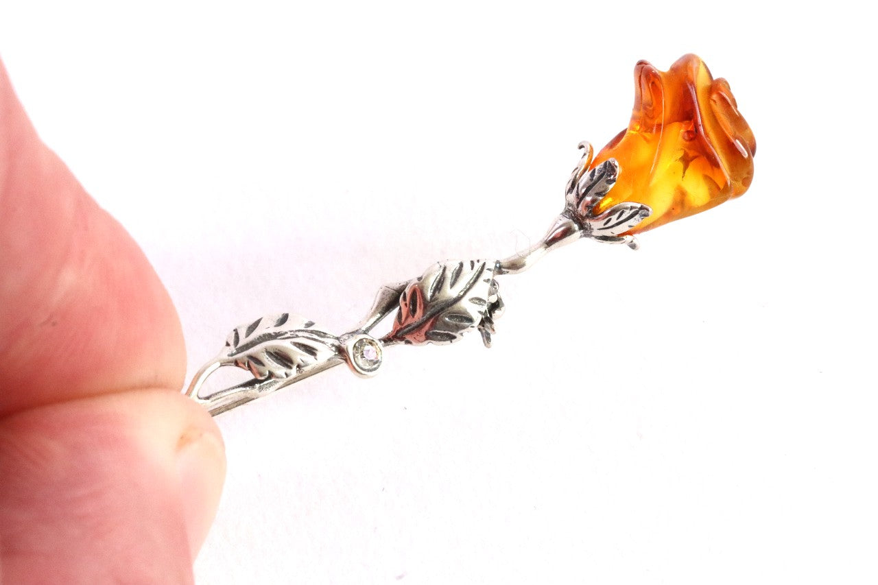 Hand Carved Amber Rose Silver Brooch