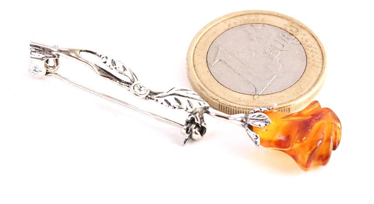 Hand Carved Amber Rose Silver Brooch