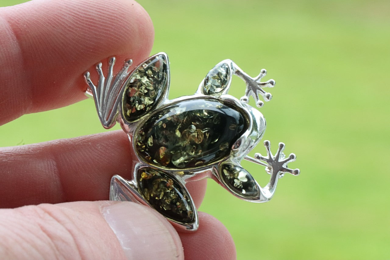 Gift 925 Silver Frog Baltic Amber Brooch.