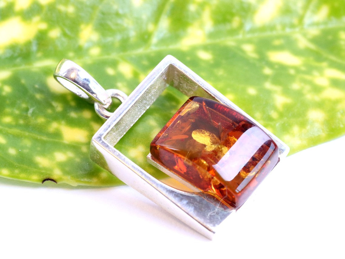 Silver Square Amber Gemstone Pendant.