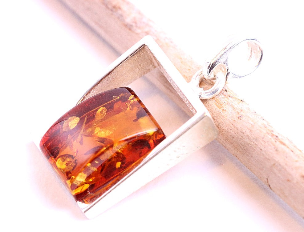 Silver Square Amber Gemstone Pendant.