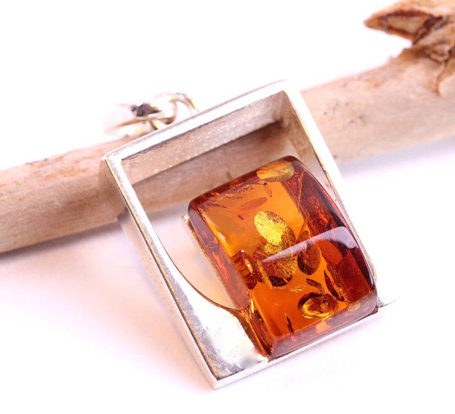 Silver Square Amber Gemstone Pendant.