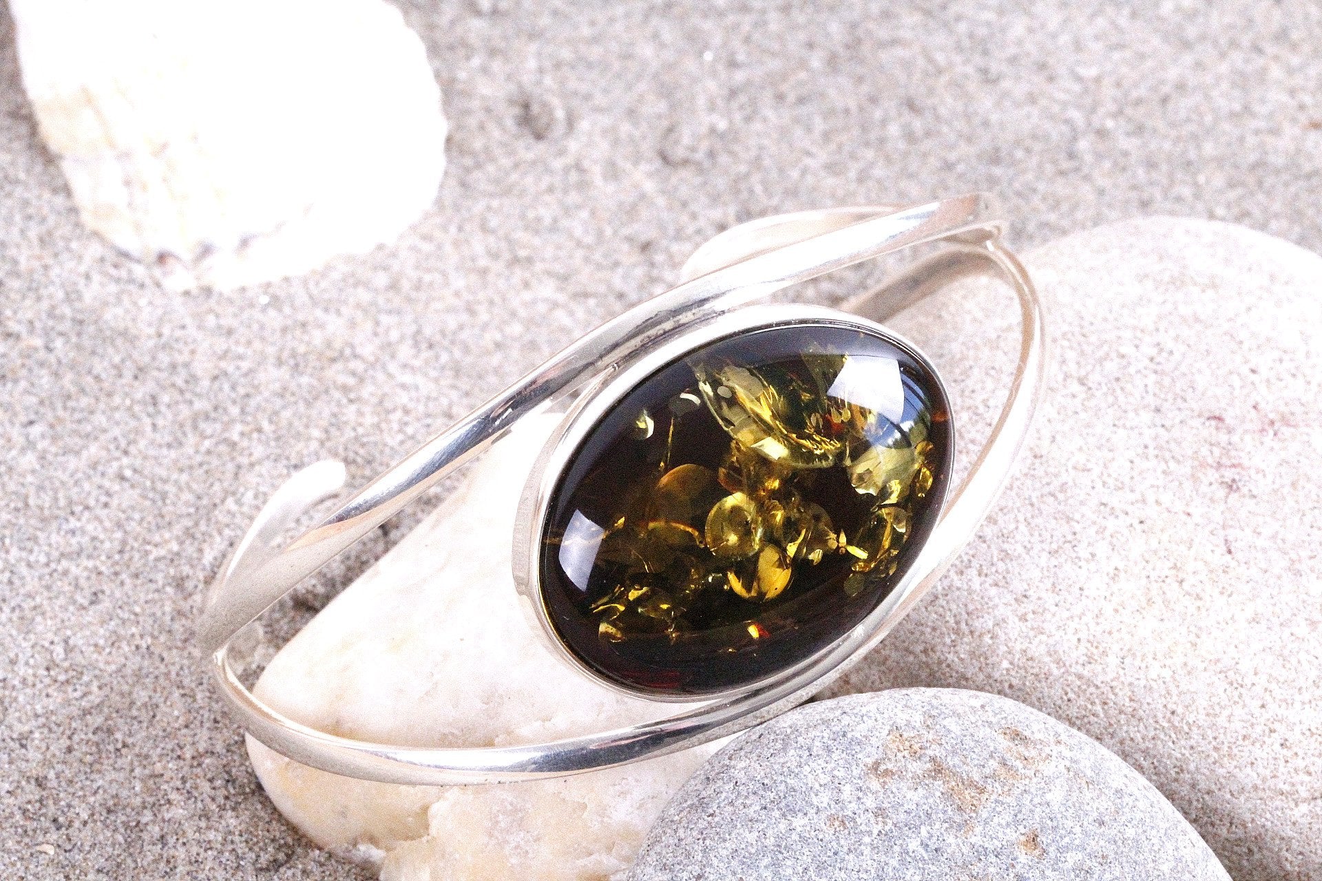 Green and Silver Amber Bangle - Amber SOS