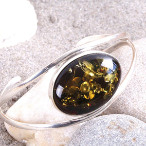 Green and Silver Amber Bangle - Amber SOS