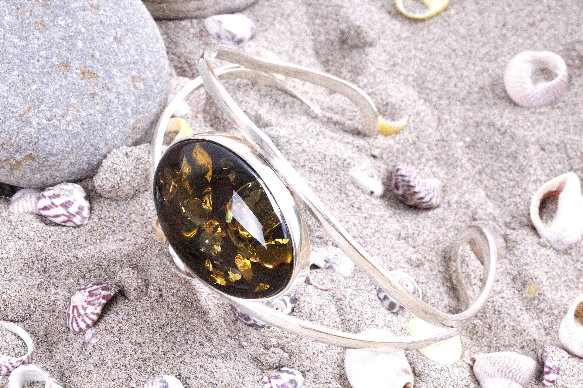 Green and Silver Amber Bangle - Amber SOS