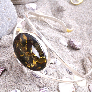 Green and Silver Amber Bangle - Amber SOS