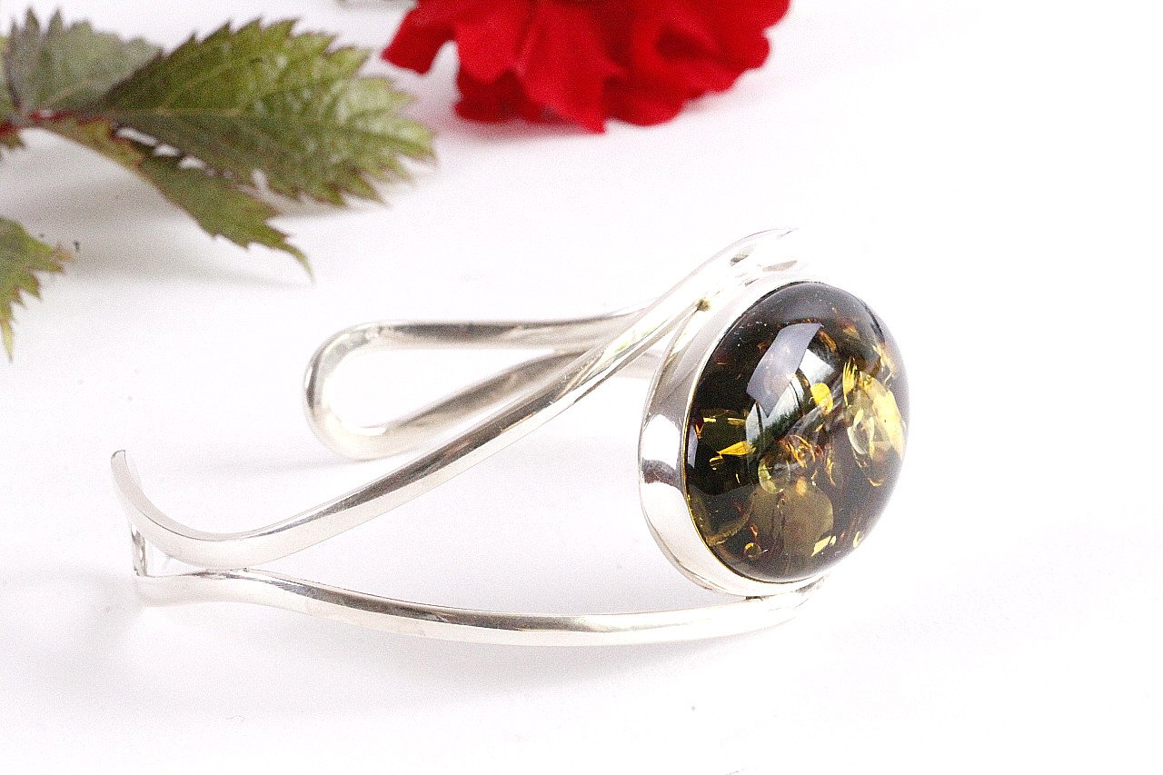 Green and Silver Amber Bangle - Amber SOS